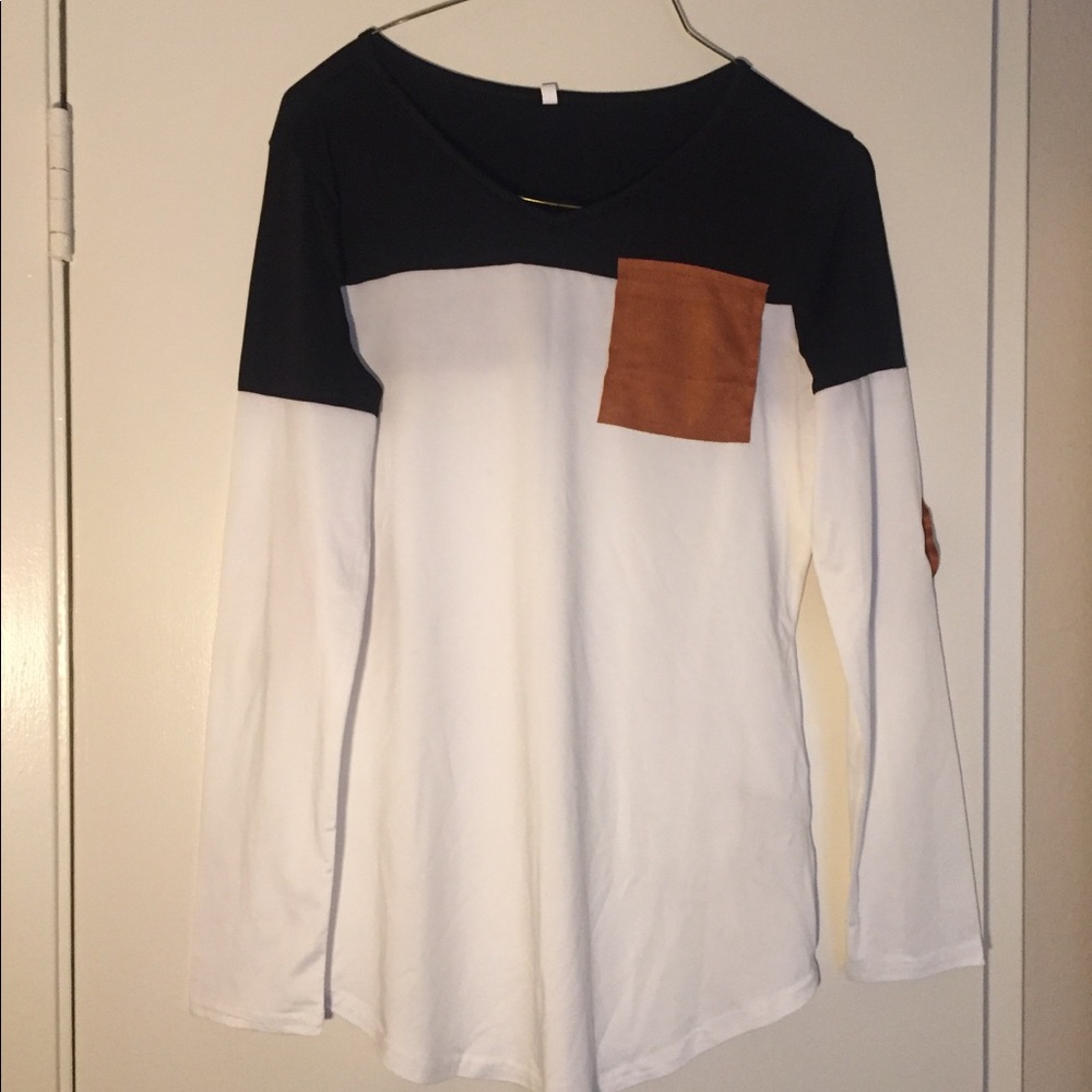 Black and white long sleeve w brown patched elbows